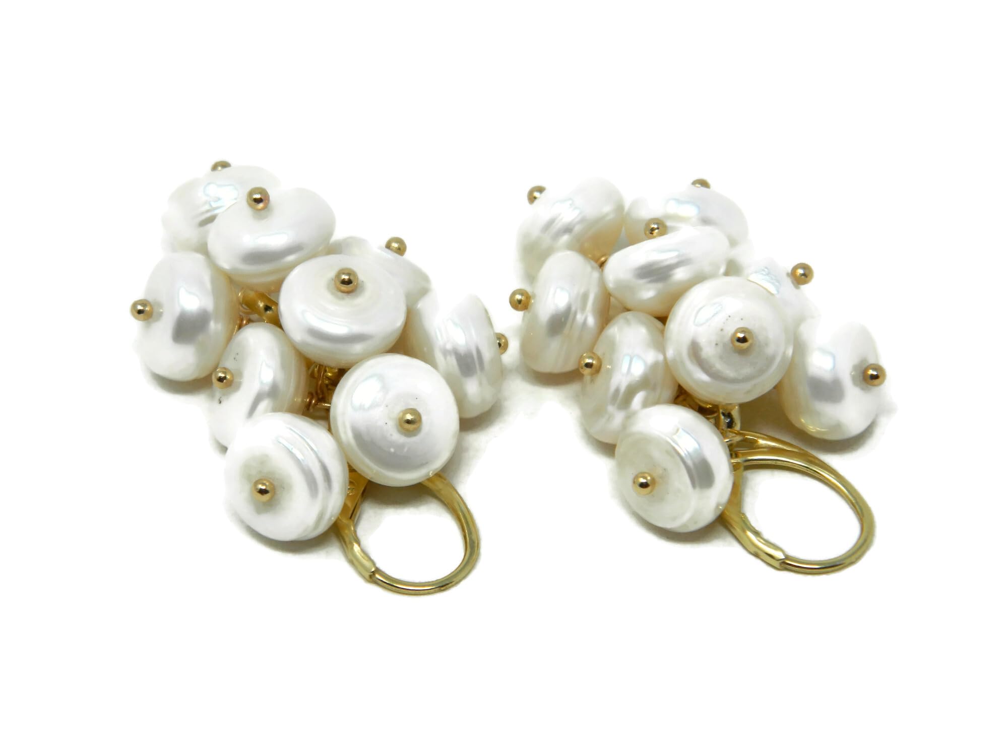 DodiGioielli Orecchini Pendenti a Grappolo con Perle di Fiume Bianche a Rondelle, Argento 925 Placcato Oro Giallo, 5 cm, Handmade in Italy