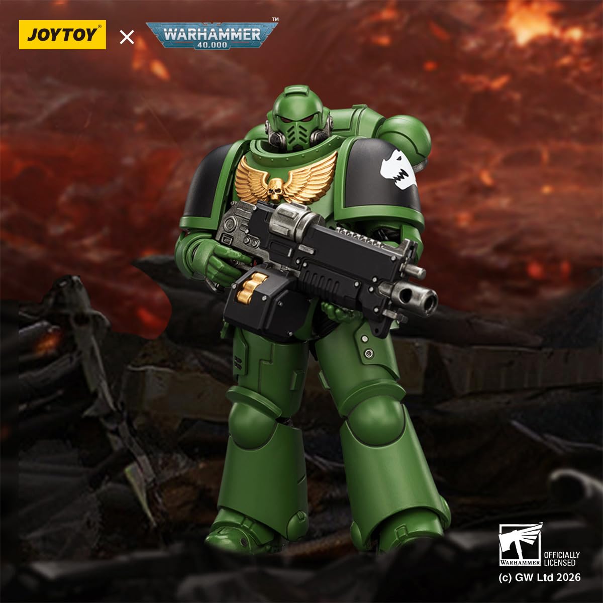 TOYVERSE JOYTOY Warhammer 40 000 salamandry orędownik z karabinem śrubowym, pistoletem śrubowym i mieczem łańcuchowym w skali 1/18, figurka postaci, model 15+