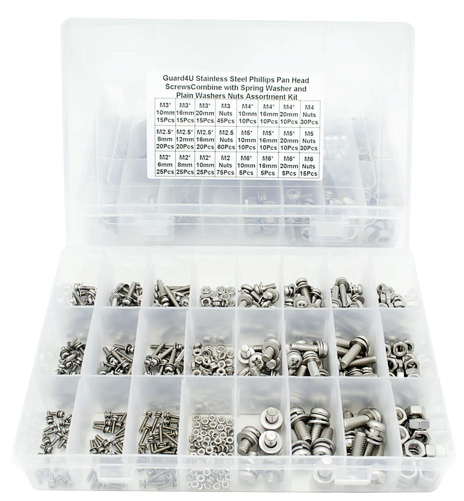 510pcs 18-Size Metric M2 M2.5 M3 M4 M5 M6 304 Stainless Steel Phillips Pan Head Machine Screws Bolts Combine with Spring Washer and Plain Washers Nuts Assortment Kit