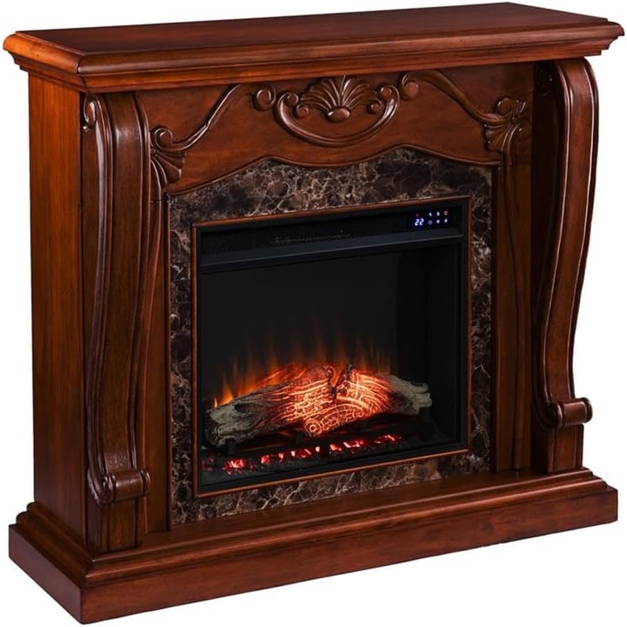 Pemberly Row Touch Screen Electric Fireplace, 40" H x 45.25" W x 15.5" D, Engineered Wood, Walnut Finish, Faux Marble, LED Flames, Remote Control, Traditional Style for Living or Dining Room