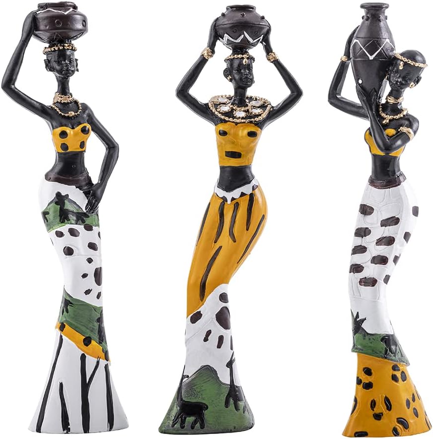3 Pack African Statues and Sculptures Women Figure Girls Exotic Tribal Lady Figurine Home Decor African American Figurines Collectible Art Piece Decorative Black Vintage Gift Crafts-Yellow