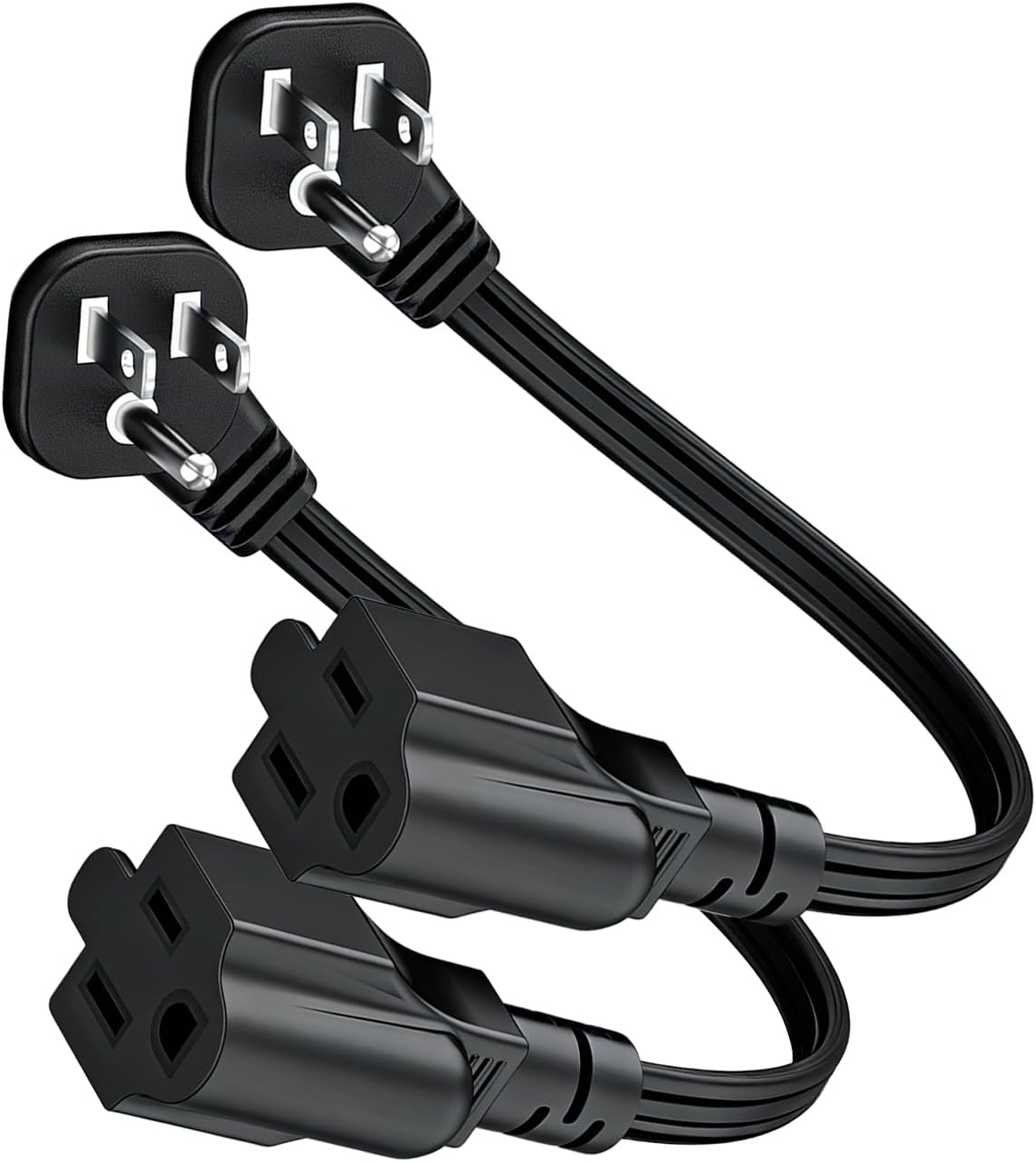 Flat Plug Short Extension Cord 1Ft, 3 Prong Grounded Indoor Power Cable Adapter for Kitchen Home, Office, Room, 16 AWG 13A 1625W, Black 2 Pack