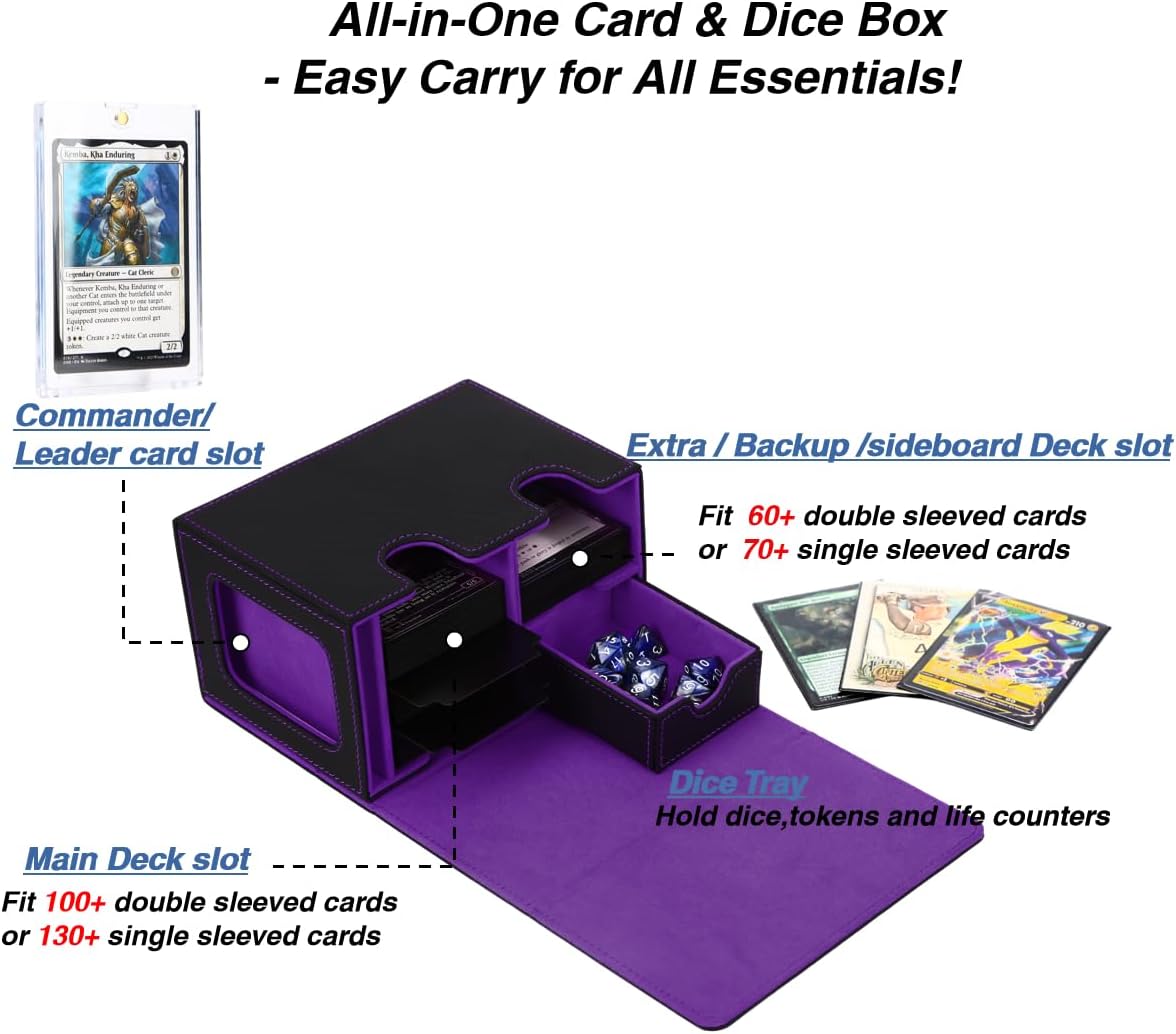 Venssu MTG Deck Box for Commander or Prime Card Display with Dice Tray,Card Deck Box Fits 200 Single Sleeved Cards, TCG Card Storage Box with 2 Dividers and 1 magnetic card holder (Black＆Purple)