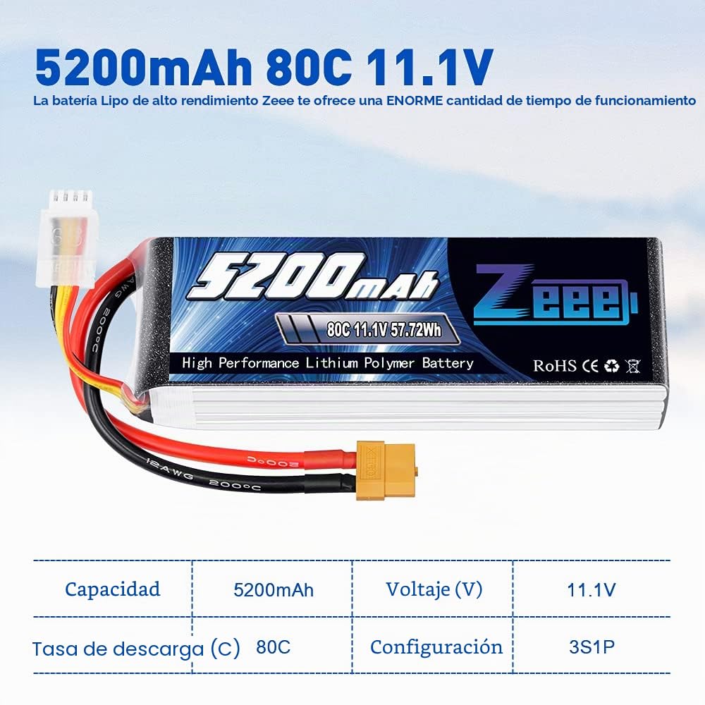 Zeee 3S LiPo Batería 5200mAh 11.1V 80C con Conector XT60 para RC Hobby (2 Paquetes)