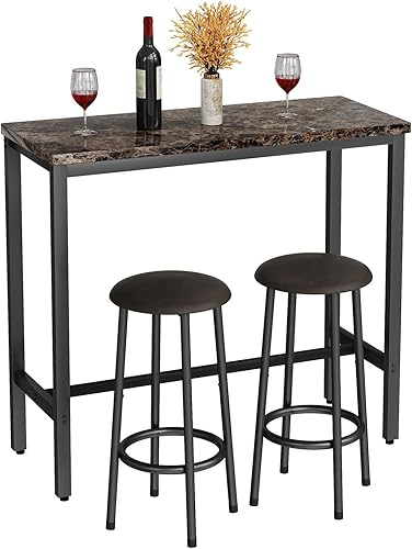 Hooseng Juego de 2 mesas de bar de 47.2 pulgadas de altura de pub con mesa de mármol sintético y 2 taburetes redondos, juego de mesa de cocina de 3