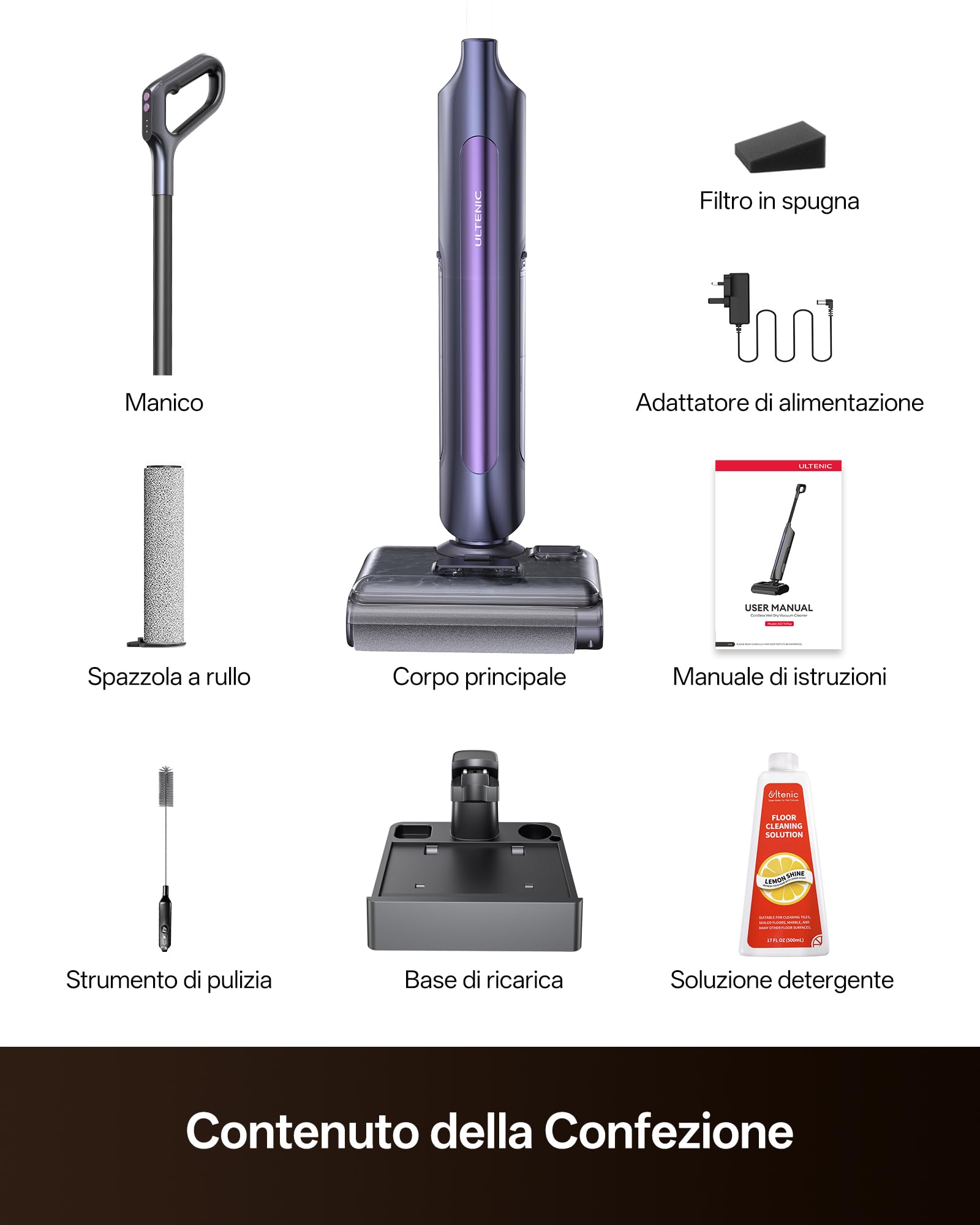 Ultenic AC1 Triflex Aspirapolvere Lavapavimenti, Design Piatto a 180°, 0 mm Pulizia Bordi, Lavapavimenti Senza Fili 3-in-1, Auto-Pulizia, Autonomia 55 min, Anti-Groviglio, Assistente Vocale 5 Lingue