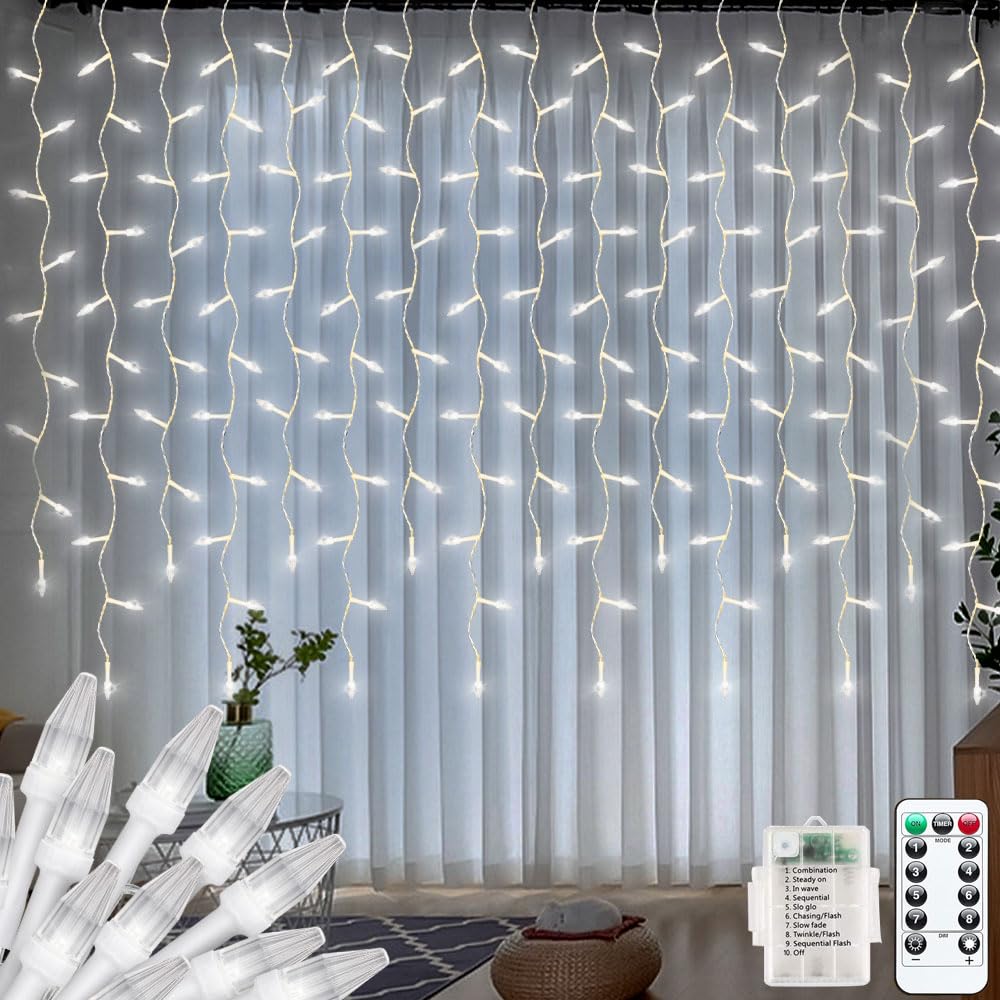 Luces de carámbano de Navidad de 3 m x 1 m para exteriores, funciona con pilas, con forma de diamante, luces LED para colgar en la habitación, luces de pared de cascada, 8 modos, impermeable