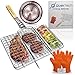 Qualitech 430 Stainless Steel Non Stick Folding BBQ Barbecue Portable Grill Grilling Basket with Removable Handle and Gloves Perfect for Fish Steak Meat Vegetables