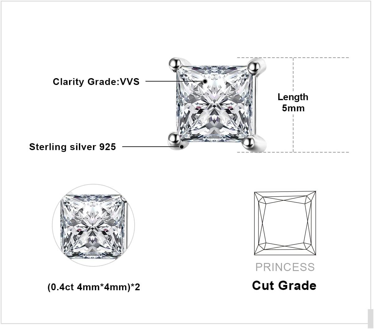 JewelryPalace Princess Cut 0.8ct Moissanite Solitaire Stud Earrings for Women, Square Shape 925 Sterling Silver 14k Gold Plated Earrings for Her, Simulated Diamond Earrings VVS D-F - Image 2
