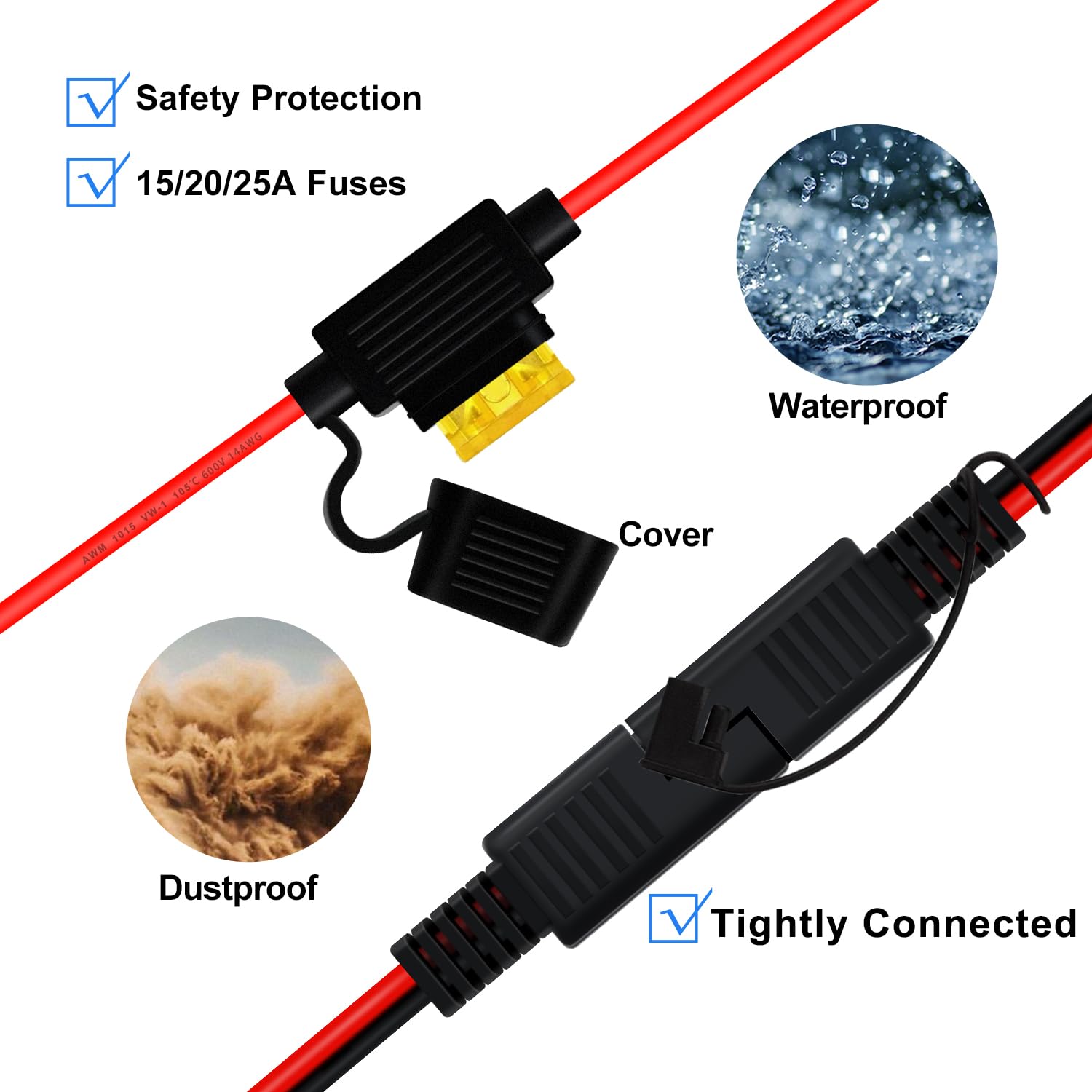 SAE Cable con Terminal de Anillo Cable Cargador Bateria Moto 14AWG 20A Cable Bateria Moto SAE con Fusible para Motocicletas, Paneles Solares, Automóviles, Barcos (1 m)