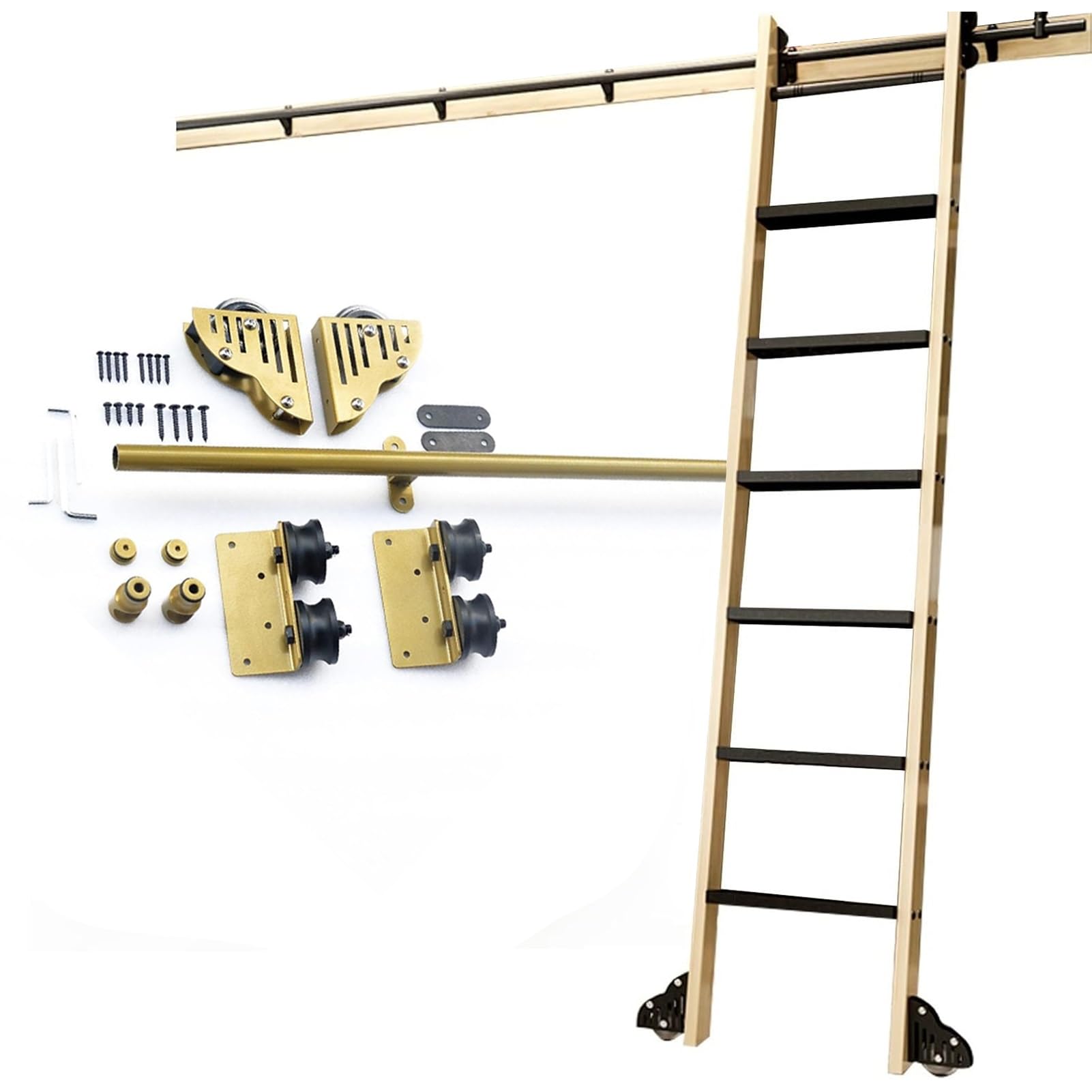 DMCHENGMA Gold Carbon Steel Rolling Ladder Hardware Kit 3.3ft - 24ft Bookcase Sliding Track Mobile Ladder Hanging Rail (No Ladders)(19.7ft/600cm Track kit)