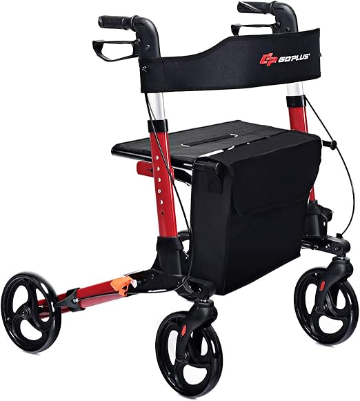GYMAX Folding Rollator Walker with Seat, Dual Brakes, Detachable
