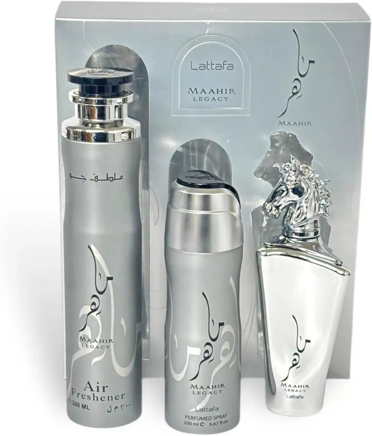 Lattafa Maahir Legacy for Men 3 Piece Gift Set (3.4 Fl Oz EDP + 6.67 Fl Oz Deo + 10.14 Fl Oz Air Freshener) - Image 5