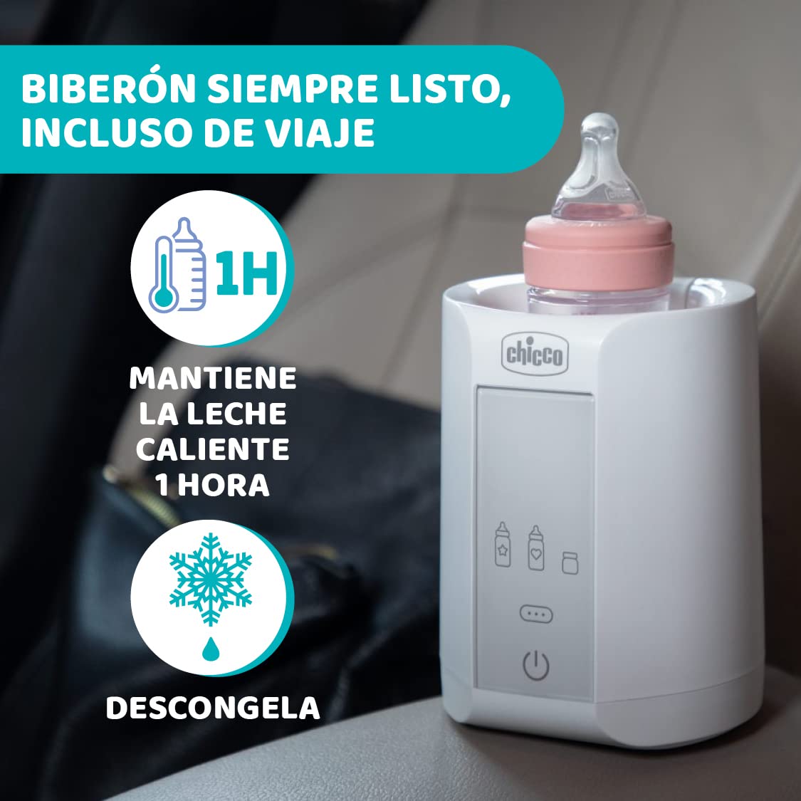 Chicco Scaldabiberon Portatile da Viaggio e Scalda Pappa con 3 Programmi e Spegnimento Automatico, Scalda in Modo Graduale, Anche per Vasetti e Latte Materno, Mantiene il Calore, 220W, Bianco, 1 Pezzo