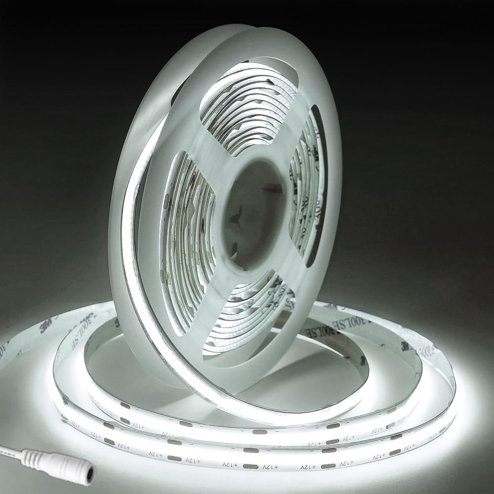 Fosingut COB LED Strip 5m/16.4ft,12V 8mm Cool White Tape Lights for Bedroom,480LED/m CRI90+ Flexible Under Cabinet Kitchen Light for TV,Game Room,Wardrobe,Home DIY Lighting(Only COB Strip Light)