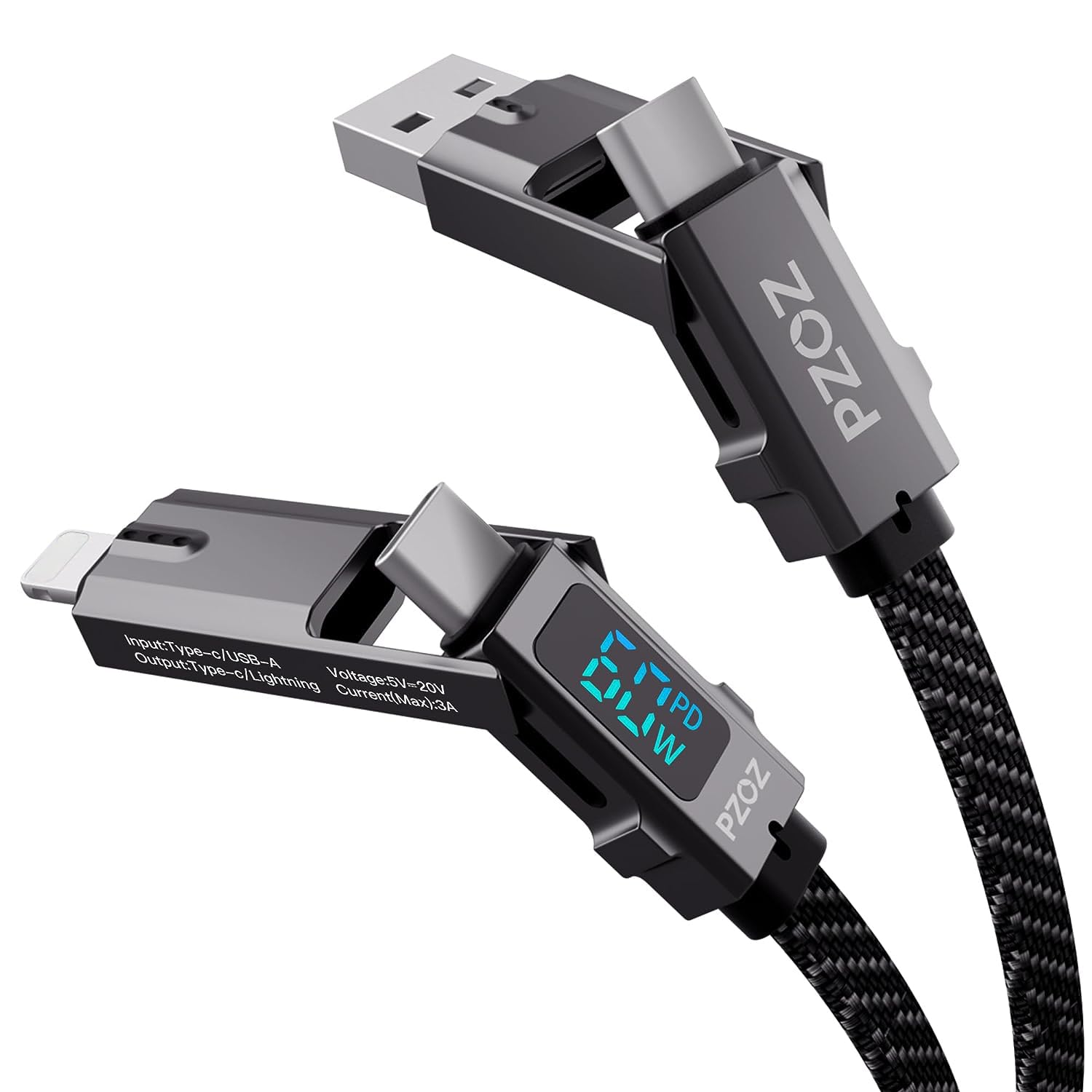 PZOZ 4in1 LEDディスプレイ マルチ充電ケーブル 60W急速充電