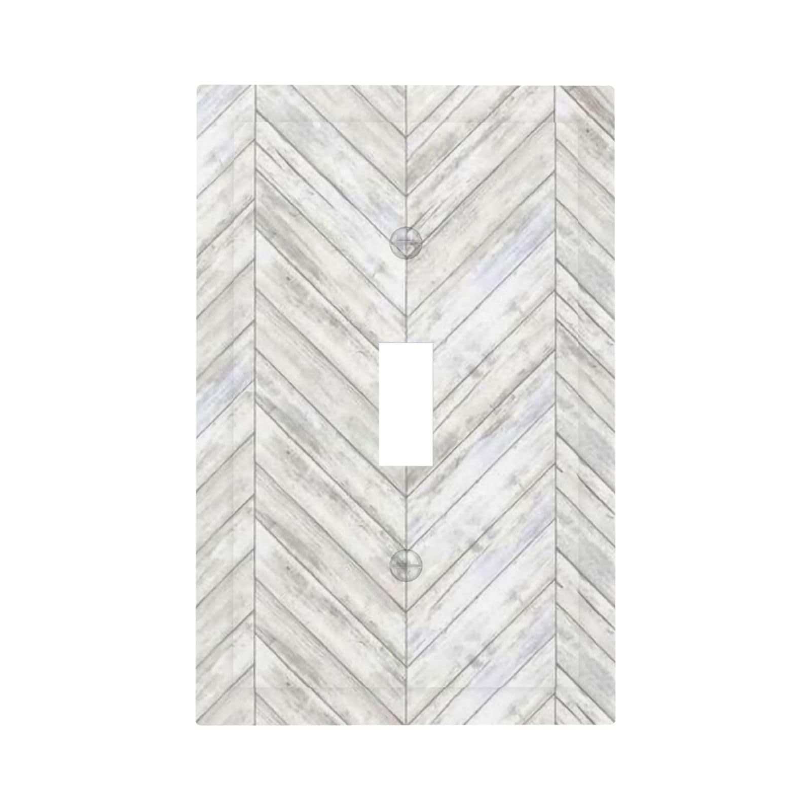 Decorative Vintage Western Retro Rustic Toggle Light Switch Cover 1-Gang Distressed White/Grey Herringbone Birch Wood Wooden Plank Grain Country Kitchen Cabin Faceplate Switch Wall Plate Cover