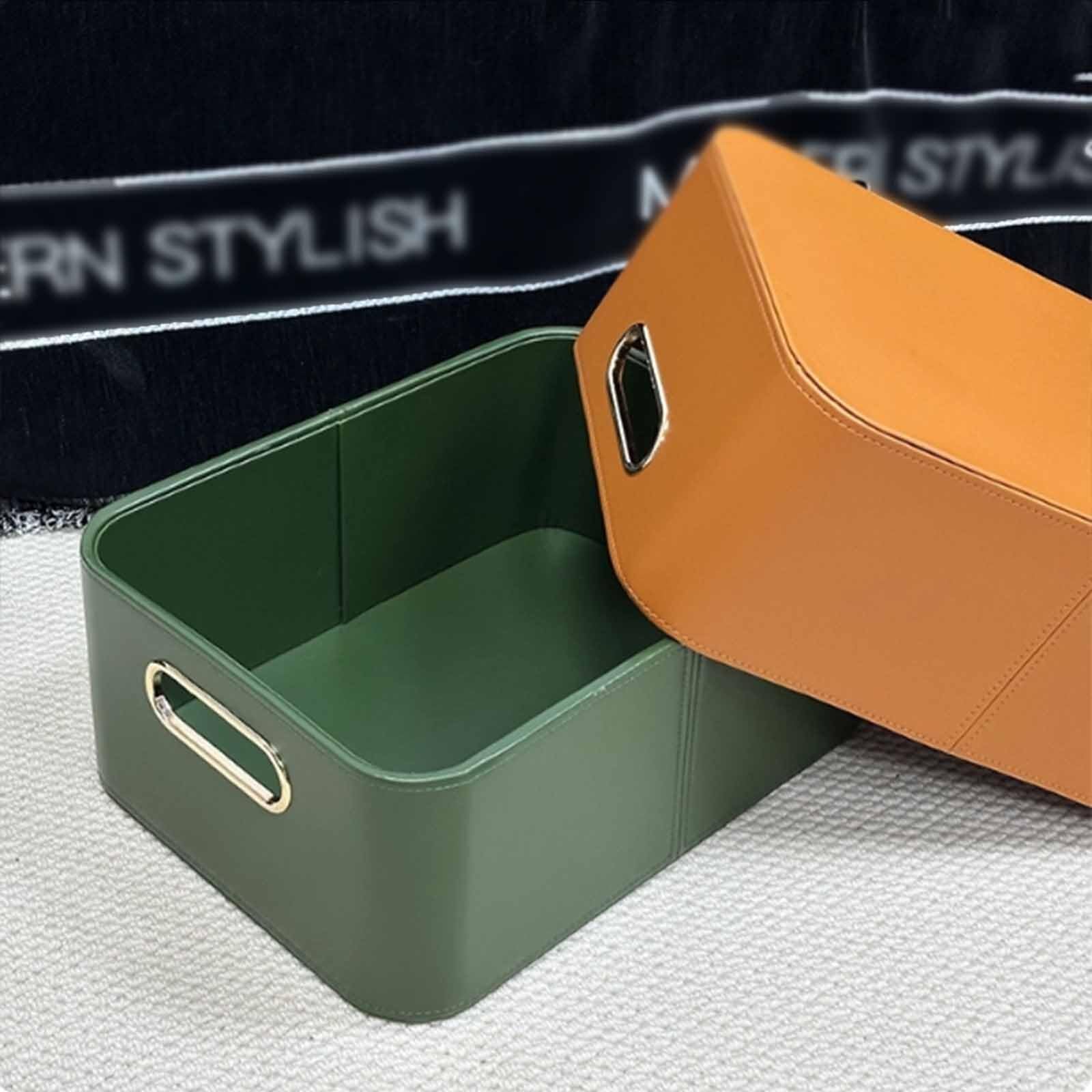 Cesta di Conservazione con Manici, Cesta di Conservazione Quadrata | Manici Metallici Traforati, Materiale Pelle Pu, Adatta Per Armadi, Uffici(With lid Orange 35.5)