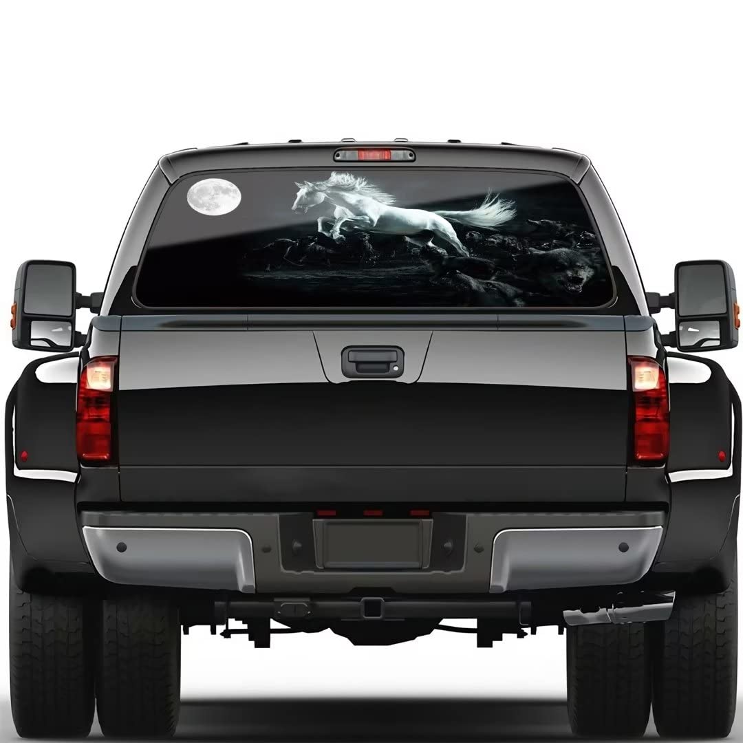 YOURKEY White Horse Spirit Attacked by Wloves Rear Window Graphic Decals for Truck SUV Van Pickup,Perforated Universal See Through Back Window Decal,Car Rear Window Decal Stickers,66x20INCH