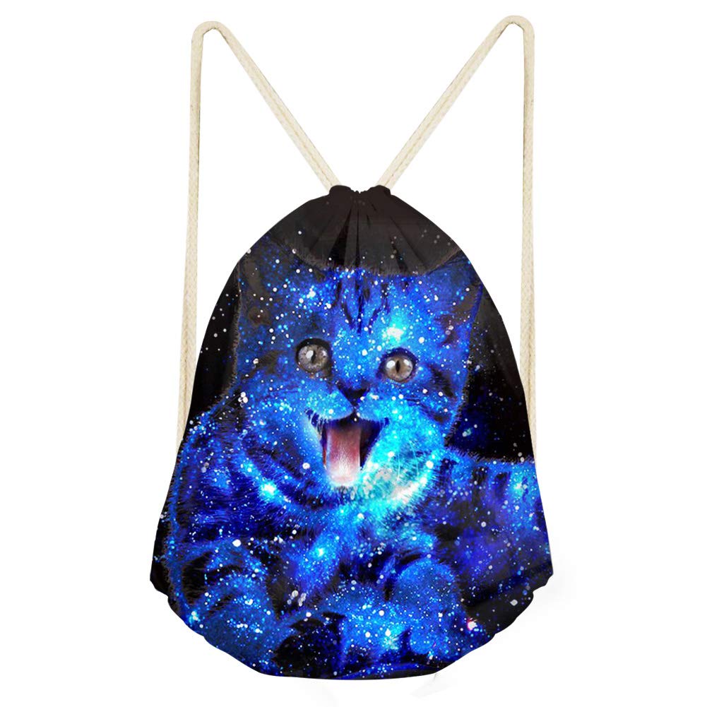 Amzbeauty Galaxy Cat Blue Drawstring Bag Backpack Sport Gym Travel Sack Bag Rucksack for Women Man Boys Girls Kids