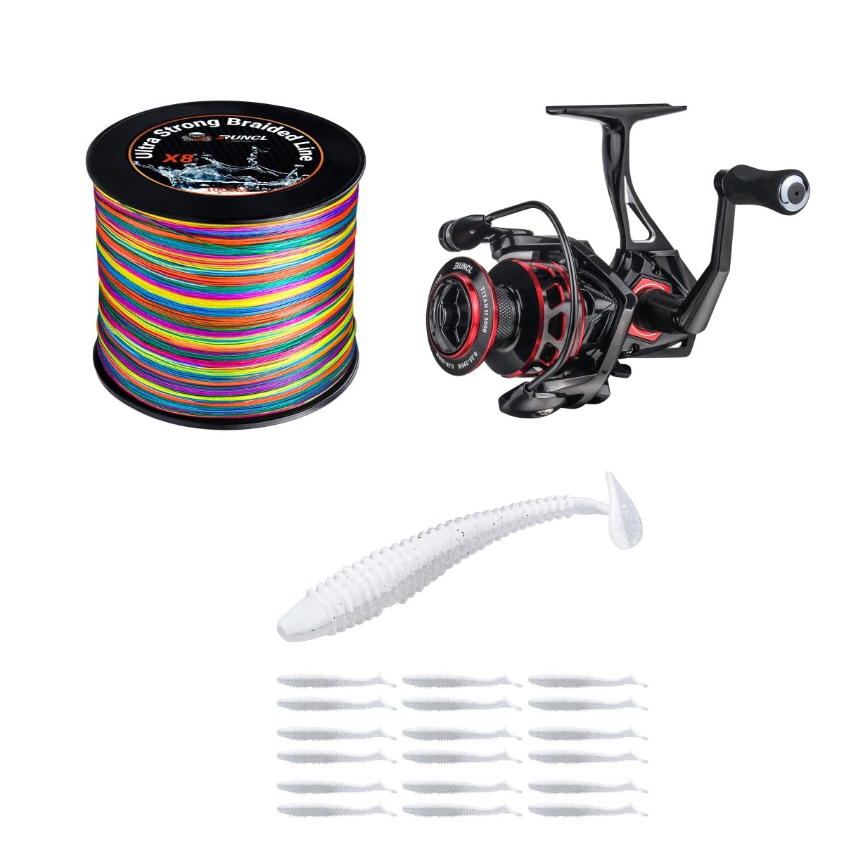 Multicolor Braided Fishing line 1093yds 100lb, Spaning Reel 3000, and Swimbaits 4" 20PCS White