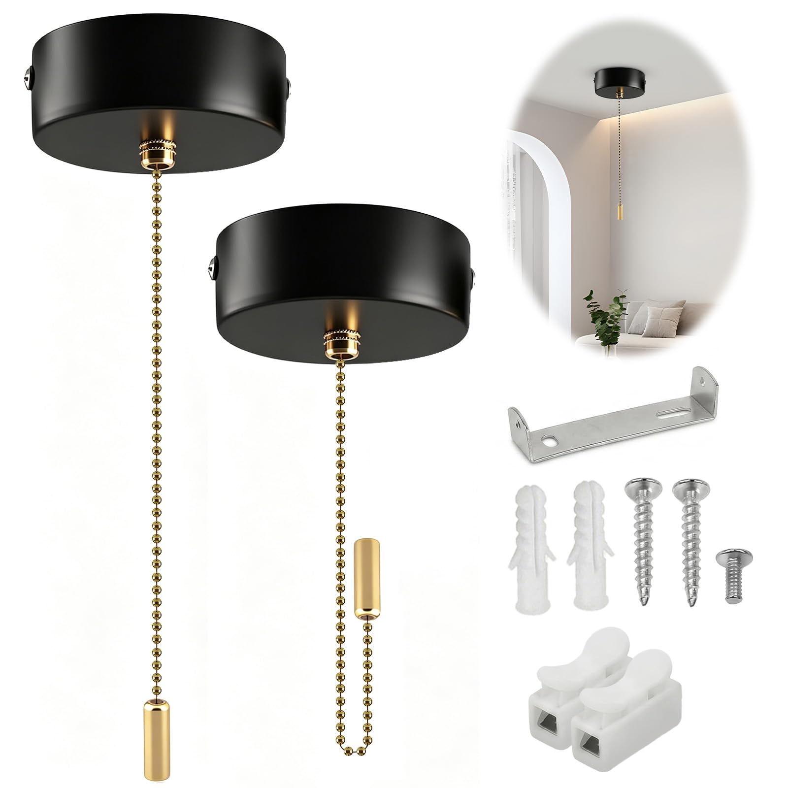 Xdealcozyxc Black 2 Pcs Bathroom Light Pull Cord, Bathroom Pull Cord Ceiling Switch With Chain 150Cm (Black)