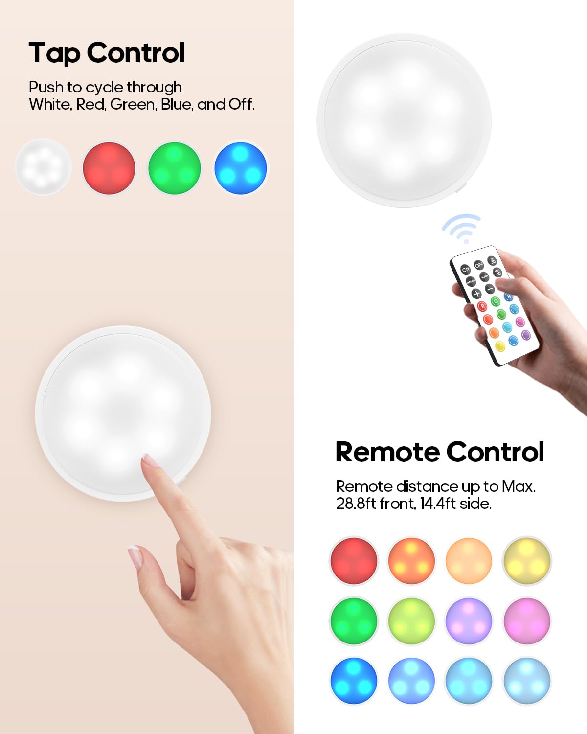 GOODEA.fun Éclairage d'armoire sans fil - Lot de 3 spots RGBW rechargeables avec télécommande et minuterie - LED sous meuble dimmable 13 couleurs - Lampe magnétique à batterie pour placard et vitrine