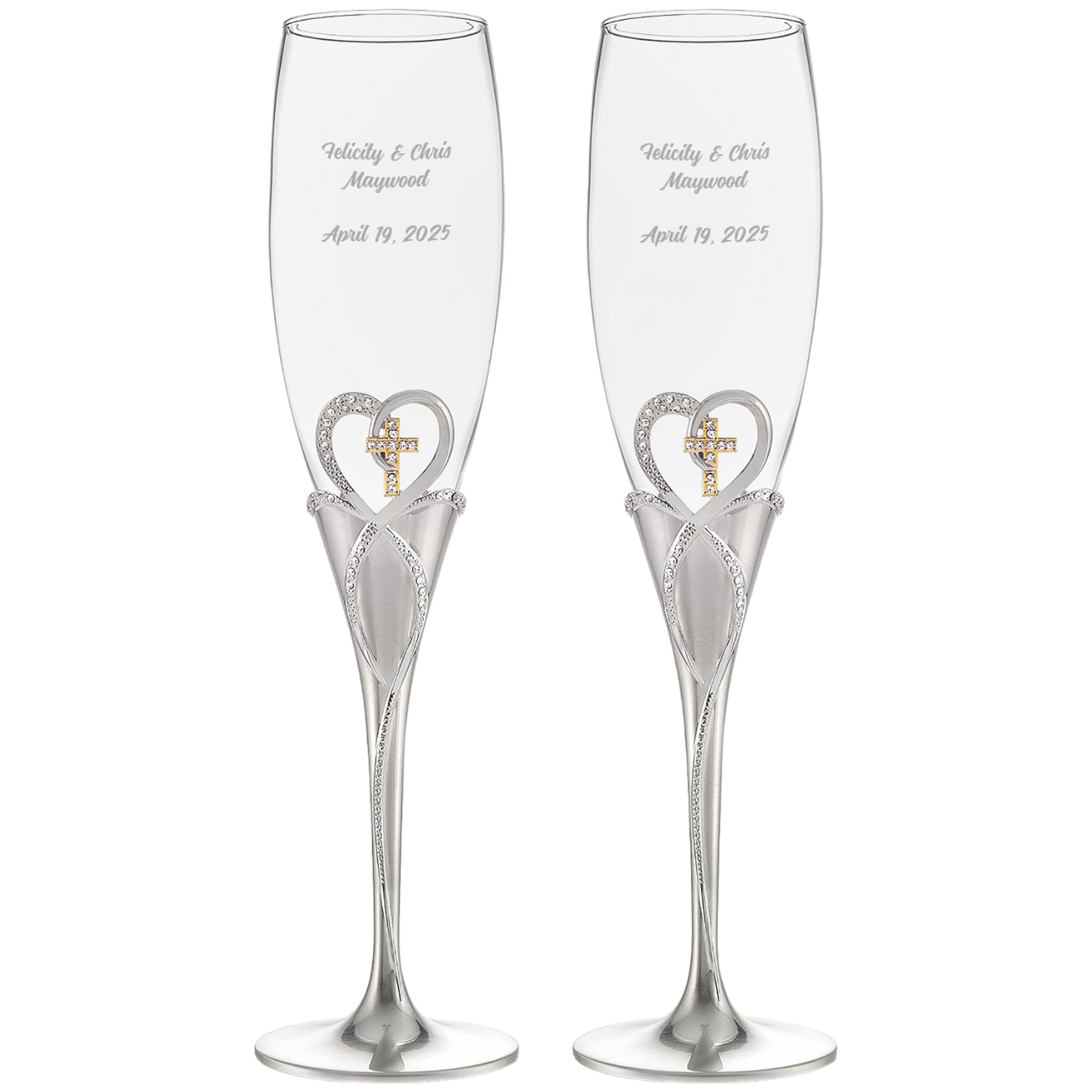 Personalization Universe Engraved Cross & Heart Personalized Wedding Champagne Flutes – Dual-Tone with Stones, Customizable Text, Gift Box Included, 10.3