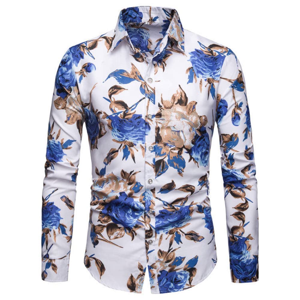 HGJH Hawaii Hemd Männer, Herrenhemd Blaue Rosenzweige Blätterdruck Hawaiihemd Kubakragen Weiß Lange Ärmel Button Down Weiches Strandhemd Henleyhemd Für Männer Jungen