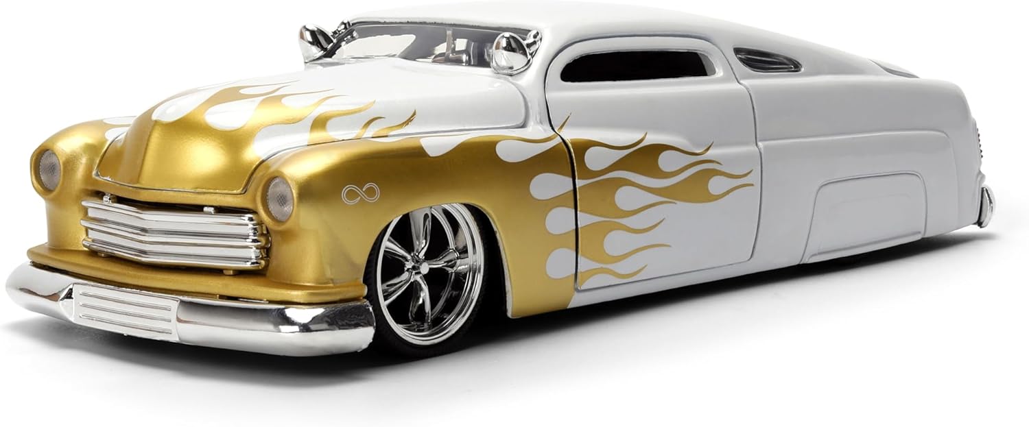 Jada Toys Bigtime Muscle 1:24 1951 Mercury Die-cast Car – Opening Doors, Hood, Trunk, Rubber Tires(White/Gold Flames)