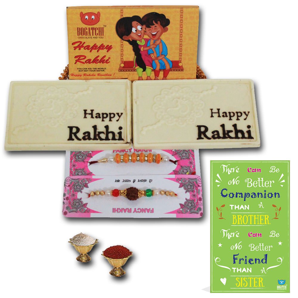 BOGATCHI Rakhi Gift Basket,Set of 2 White Chocolate Bar ,Free Rakhi(2pcs) + Free Rakhi Greeting Card + Free Roli Chawal-image-39