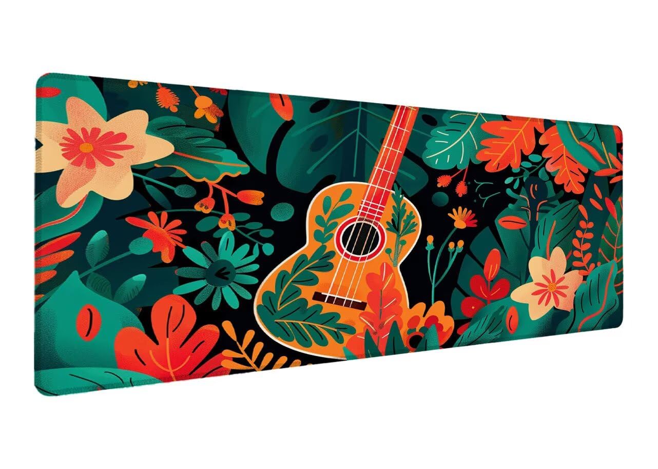 Podkładka pod mysz do gier, 1000 x 500 x 3 mm, XXL, kwiat, duża podkładka pod mysz, gitara, rozszerzona mata do gier, na biurko, antypoślizgowa gumowa podstawa, zszywane krawędzie, akcesoria biurowe