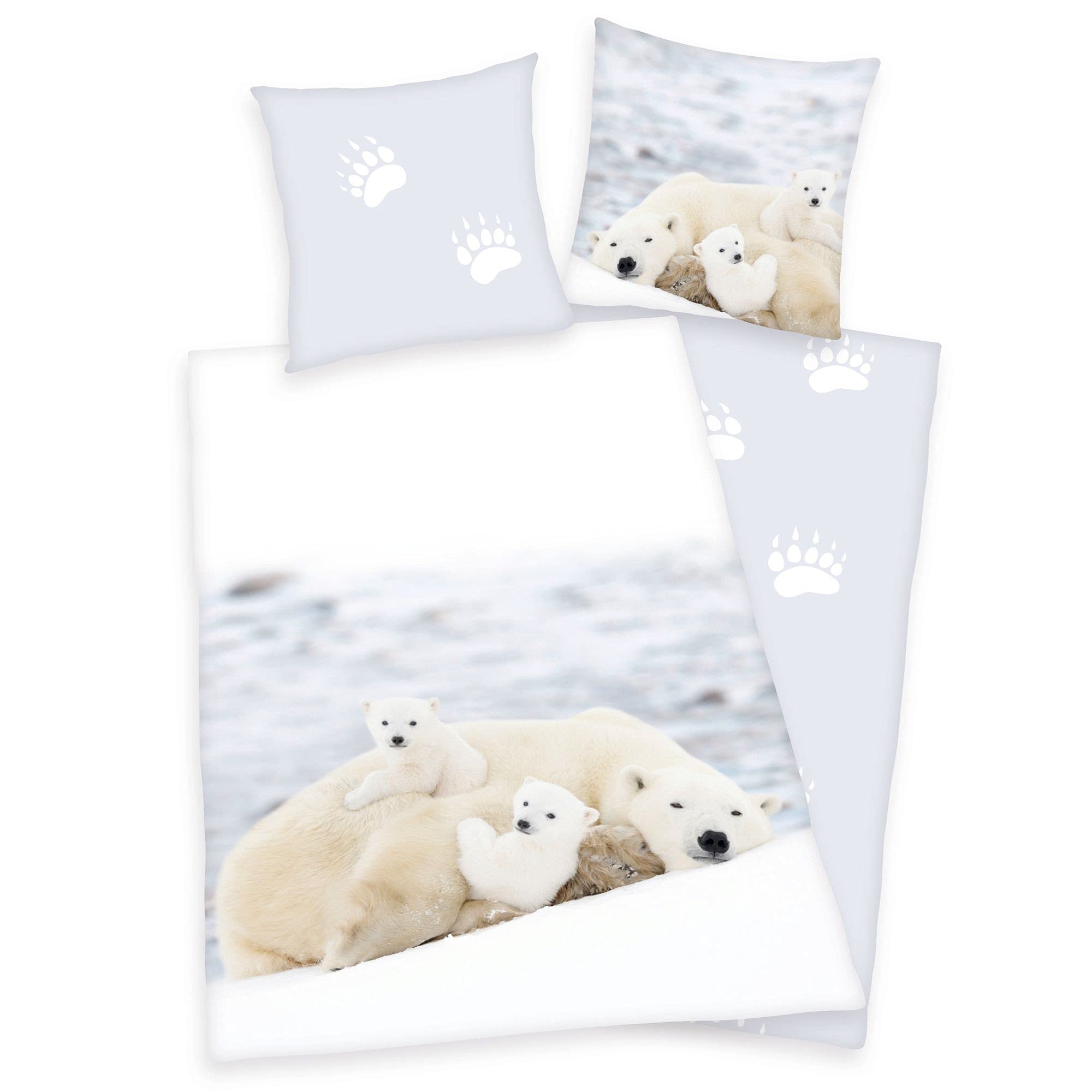 Klaus Herding GmbH Flannel Bed Linen Set with Polar Bear 135 x 200 cm 80 x 80 cm 100% Cotton