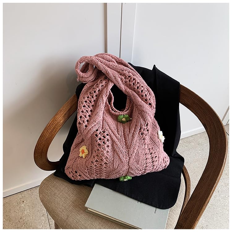 Women Wool Knitting Shoulder Bag with Flower Knitted Tote Handbag Large Capacity Aesthetic Tote Handbag Ladies Daily2