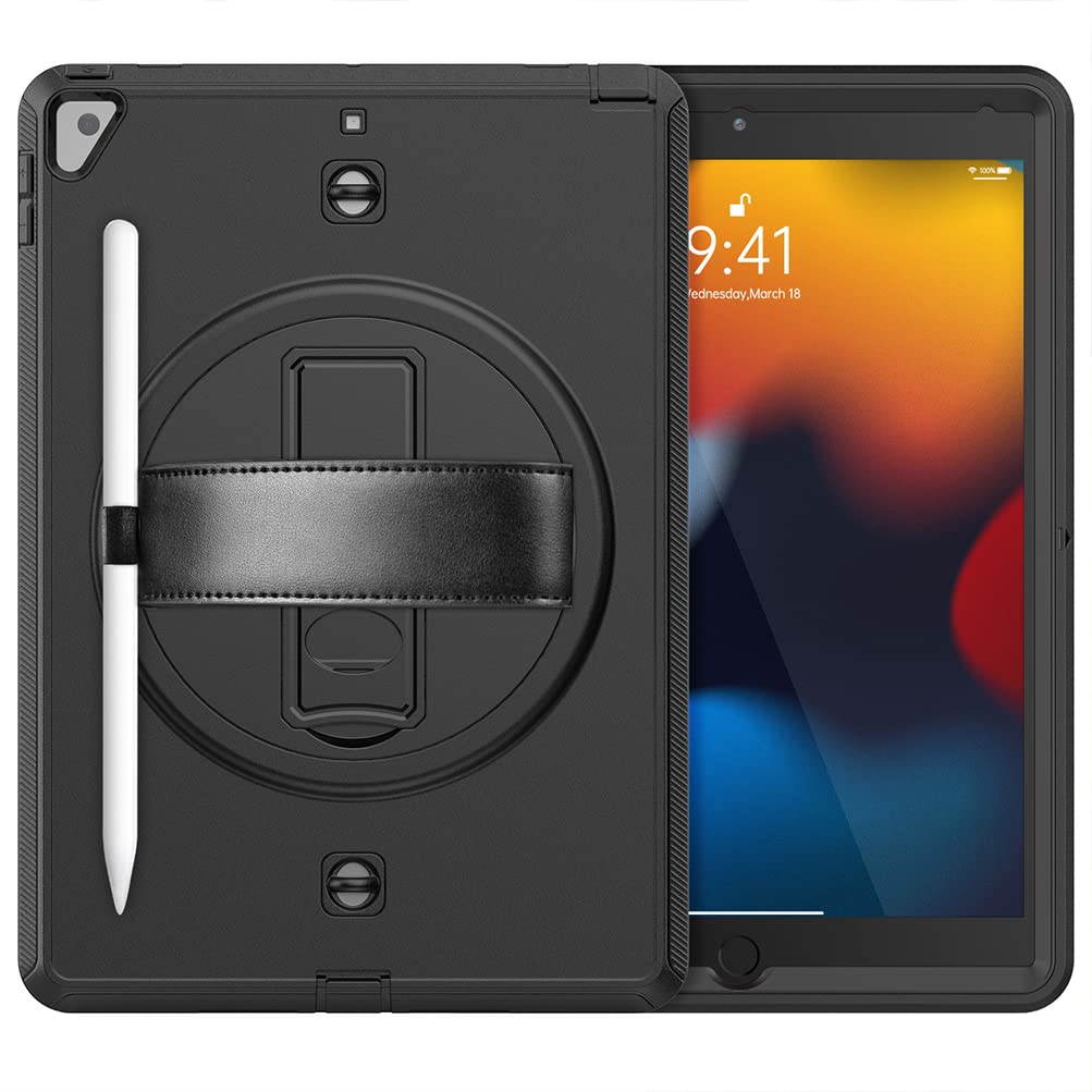 Case for iPad 7/8/9 Gen (2019/2020/2021) 10.2 Inch and Air 3 Gen (2019) 10.5 Inch Rotating 360° Stand Case with Hand and Shoulder Strap, Black