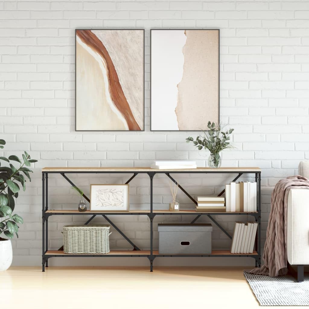 SXZenSpace Console Table Sonoma Oak 160x30x75 cm Solid Engineered Wood & Iron Frame Modern Hallway Sofa Entryway Furniture Sturdy Adjustable Feet for Living Room Hall Bedroom