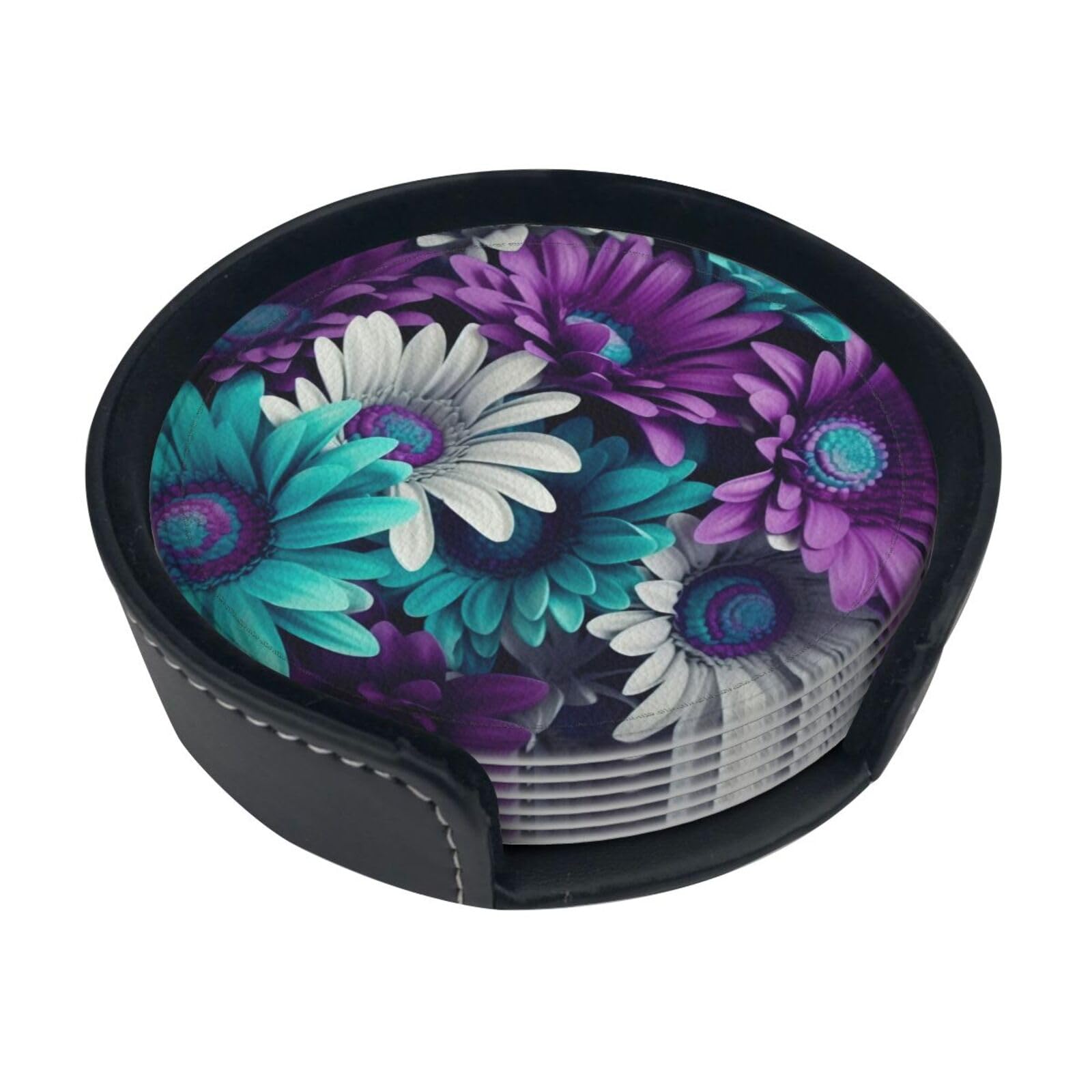 Purple And Teal Flowers Round Leather Coasters (6 Pieces) - Drink Coaster Set For Desk, Modern Easy To Clean Home Office & Farmhouse Coasters