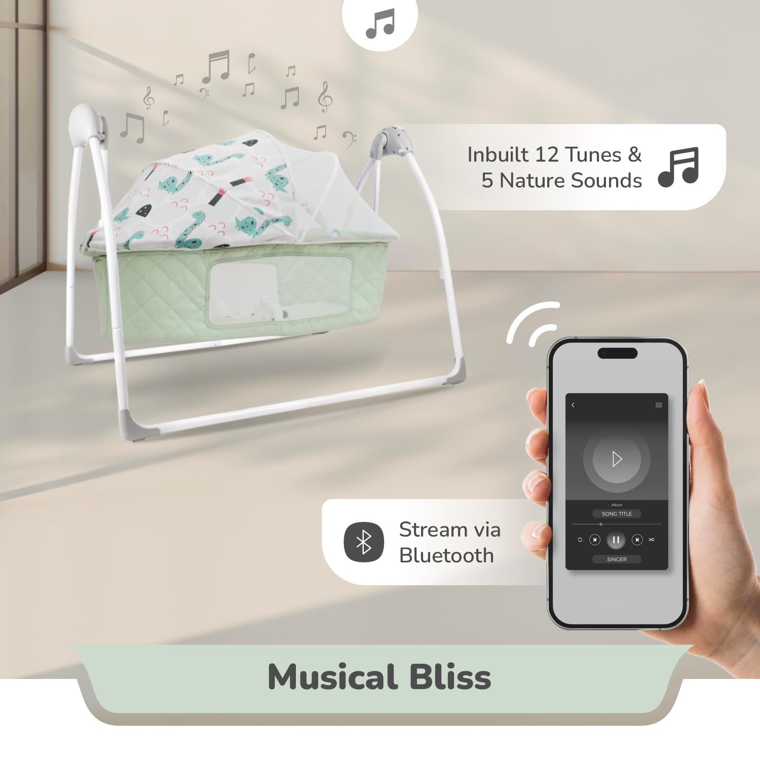 R for Rabbit Lullabies Plus Electric Baby Cradle Automatic Swing with Remote Control, Bluetooth, Soothing Music, Smart Timer & Mosquito Net for New Born Kids Age 0-2 Year Weight Upto 12 KG (Sea Green) 2