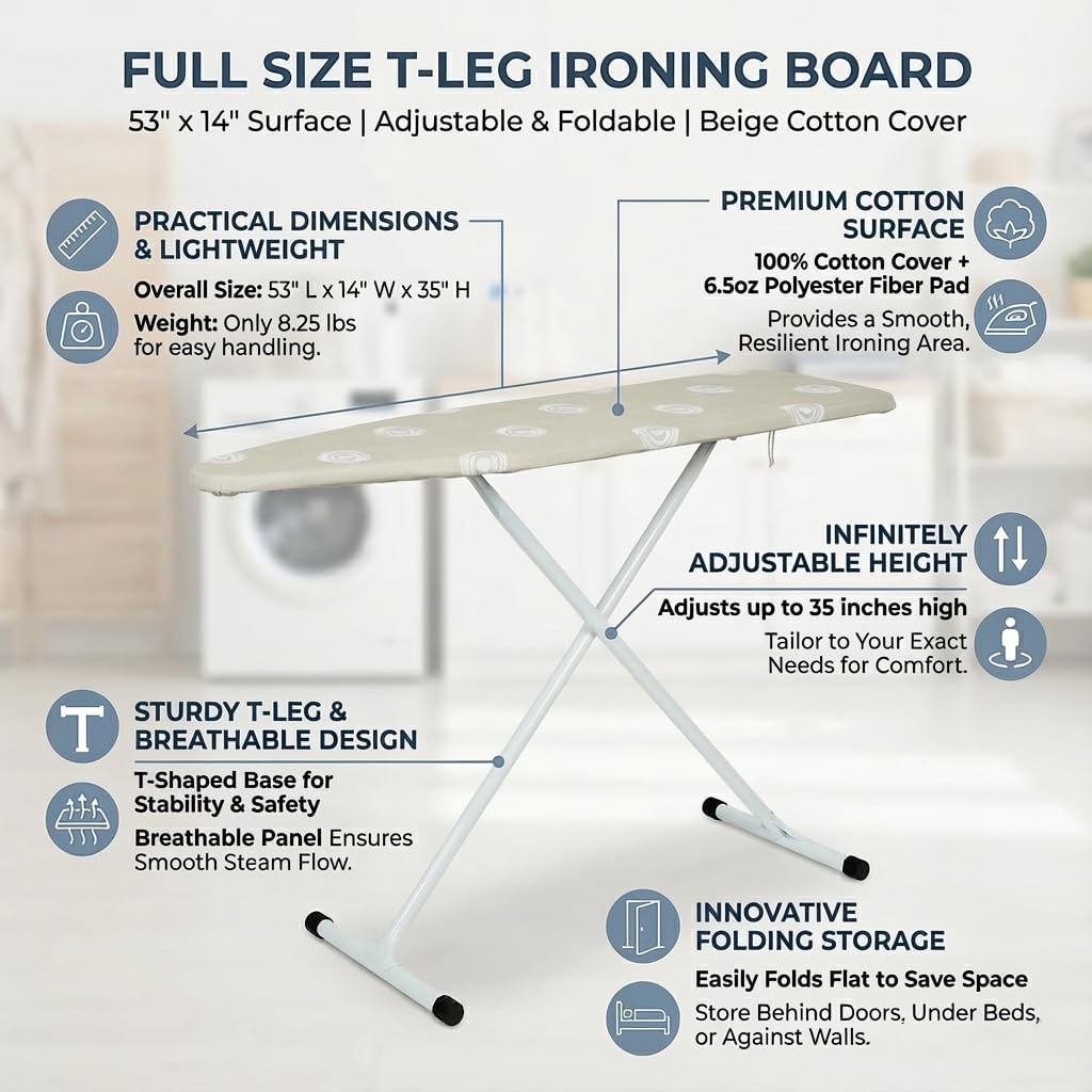 Ironing Board,T-Leg Ironing Board Full Size,53" x 14" Ironing Boards,Foldable with Cotton Pad Cover Home Use-Beige