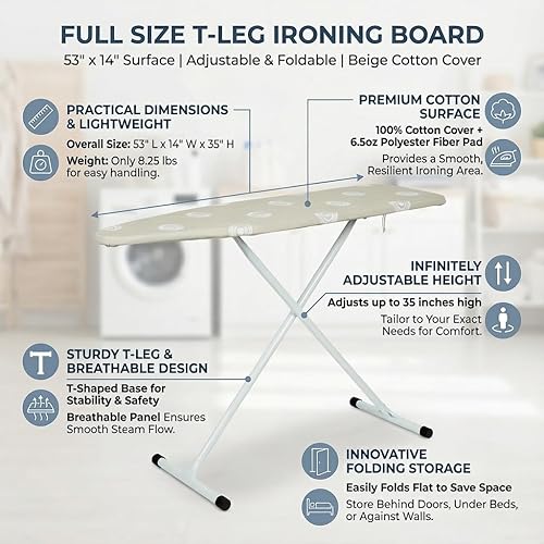 Miniatura 2 de Tabla de planchar, tabla de planchar con patas en T, tamaño completo, tabla de planchar de 53 x 14 pulgadas, plegable con funda de almohadilla de