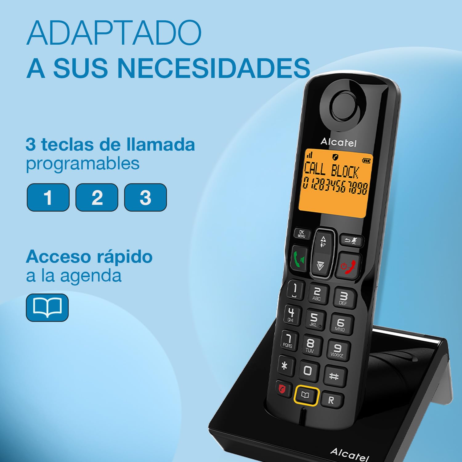 ALCATEL S280 - Teléfono inalámbrico DECT - Diseño Compacto - Pantalla Grande retroiluminada - Manos Libres - Bloqueo de Llamadas - Agenda 50 contactos - Negro - 3