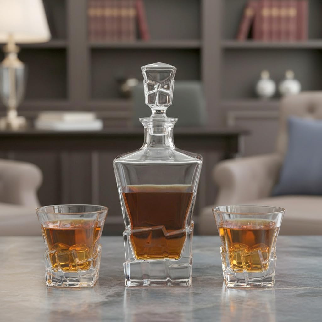 Glasmark Krosno 1992 Decantador con Vasos 3 piezas para Whisky y Licores - Decantador de Vidrio 850 ml y 2 Vasos 240 ml - en Caja de Regalo Negra - Diseño con Carácter