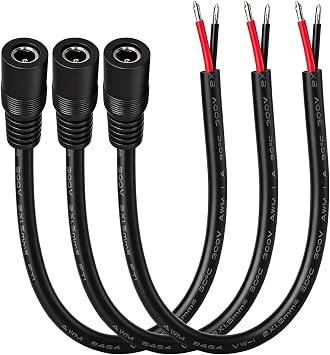 16AWG DC5525 Power Cable, 5.5mm x 2.5mm Female Barrel Plug, 0.8ft, 3-Pack