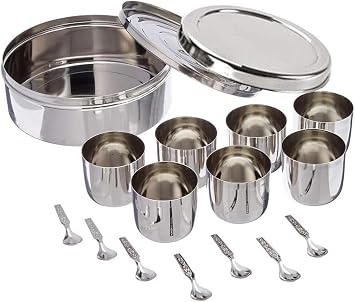 Stainless Steel Round Spices Box Kitchen Masala Dabba - Spice Container - Masala Dabba - 7 Compartments with Spoon, Airtight Silver Color 9 Inch