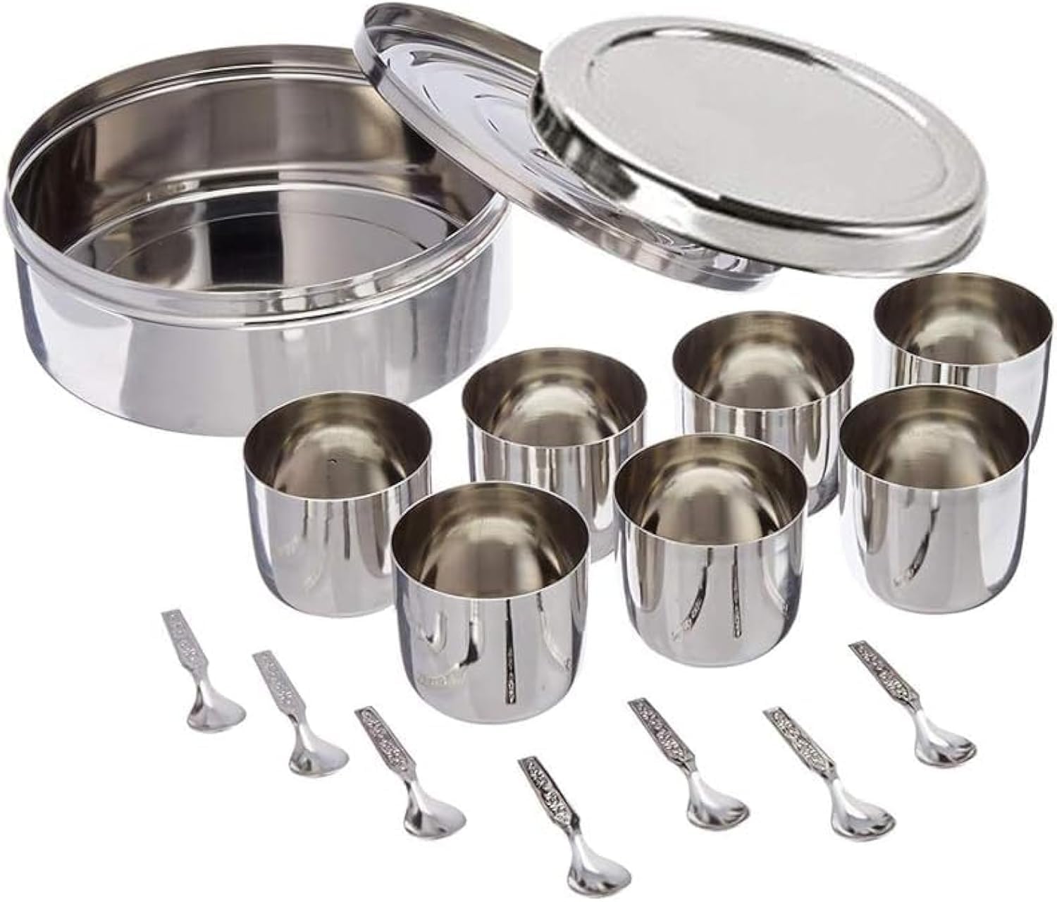 Stainless Steel Round Spices Box Kitchen Masala Dabba - Spice Container - Masala Dabba - 7 Compartments with Spoon, Airtight Silver Color 9 Inch