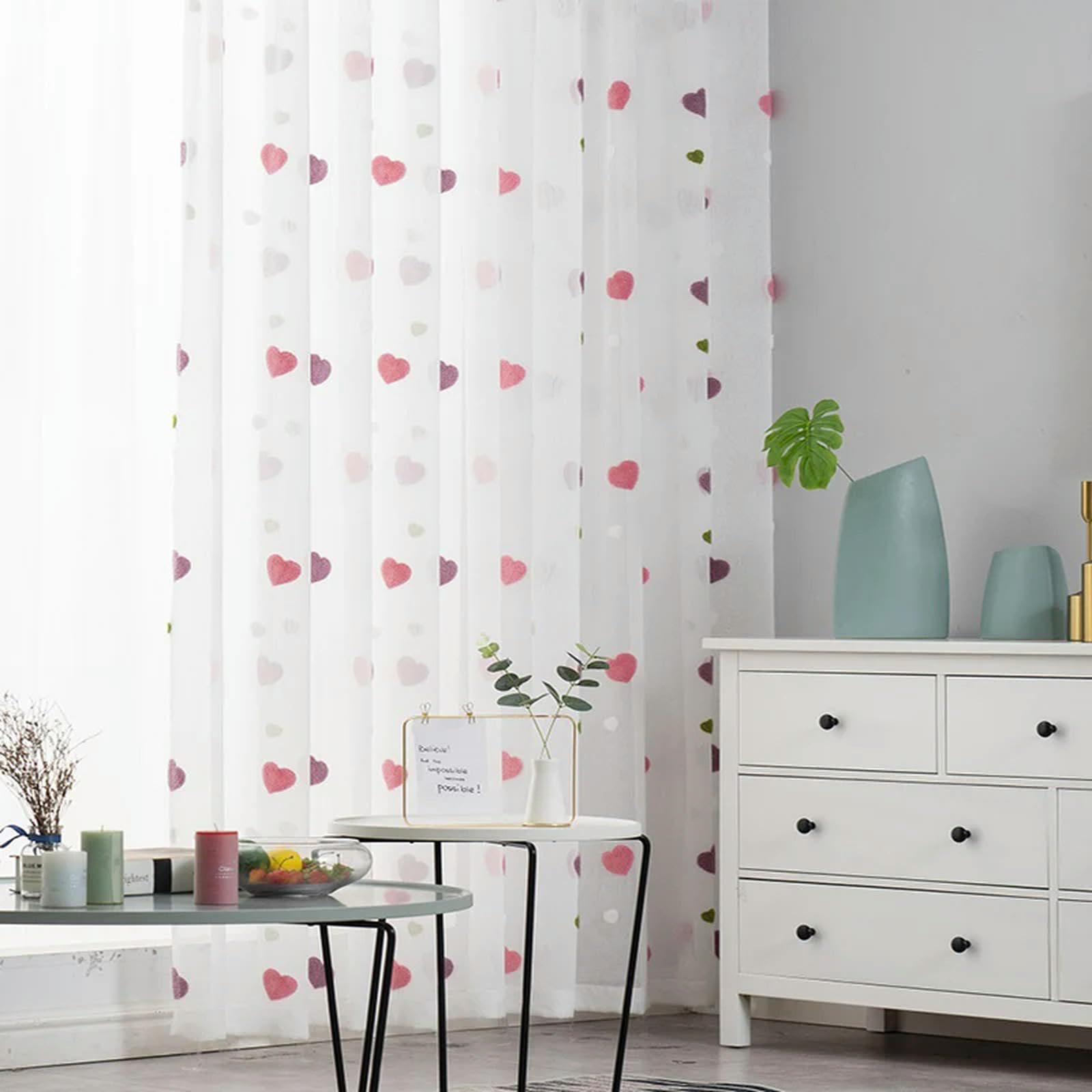 Süße rosa Herz-Tüll-Kinder-Mädchen-Schlafzimmer-Cartoon-Stickerei-Vorhänge, Tüll-Wohnzimmervorhänge