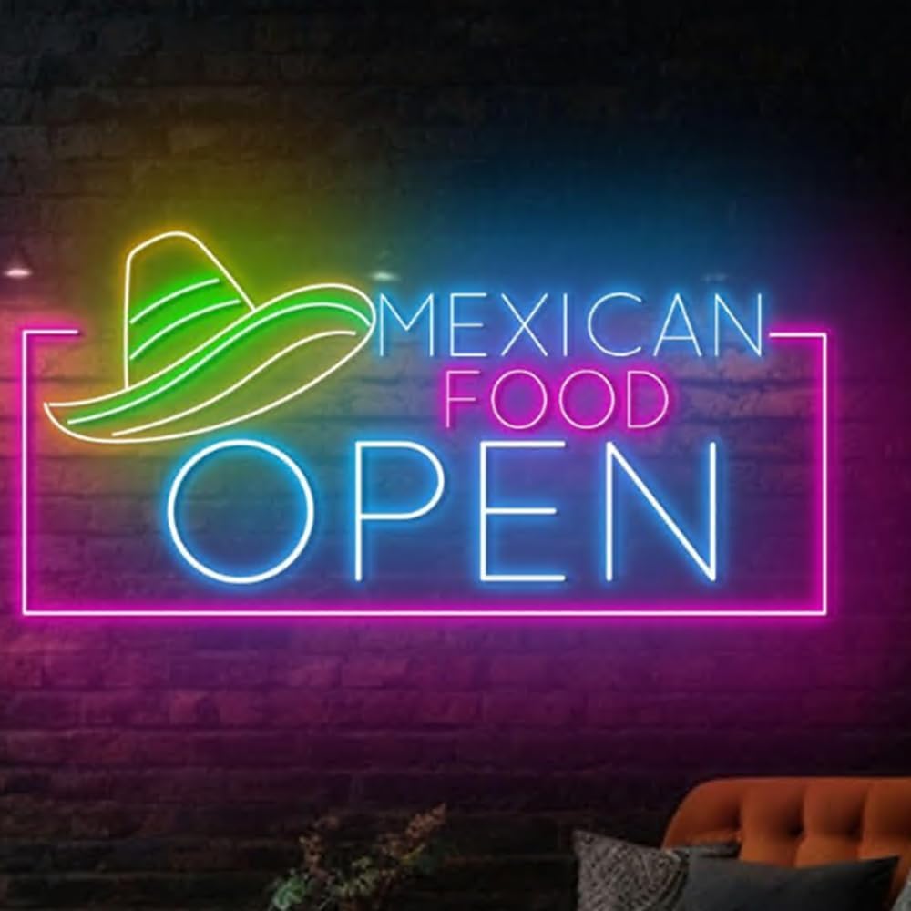 Mexican Food Open Neon Sign, 20" LED Restaurant Sign, Taco Bar Neon Light, Mexican Restaurant Decor
