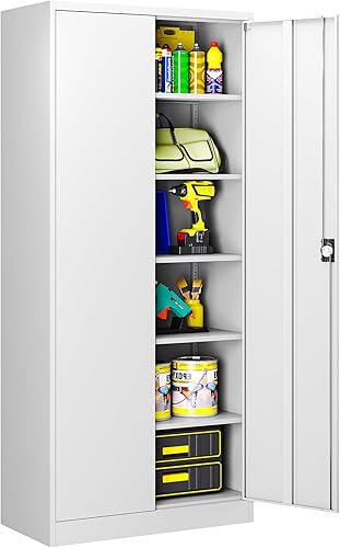 Miniatura 1 de LISSIMO Armario de almacenamiento de metal con cerradura, armario de garaje con cerradura con 2 puertas y 5 estantes ajustables, armarios altos de