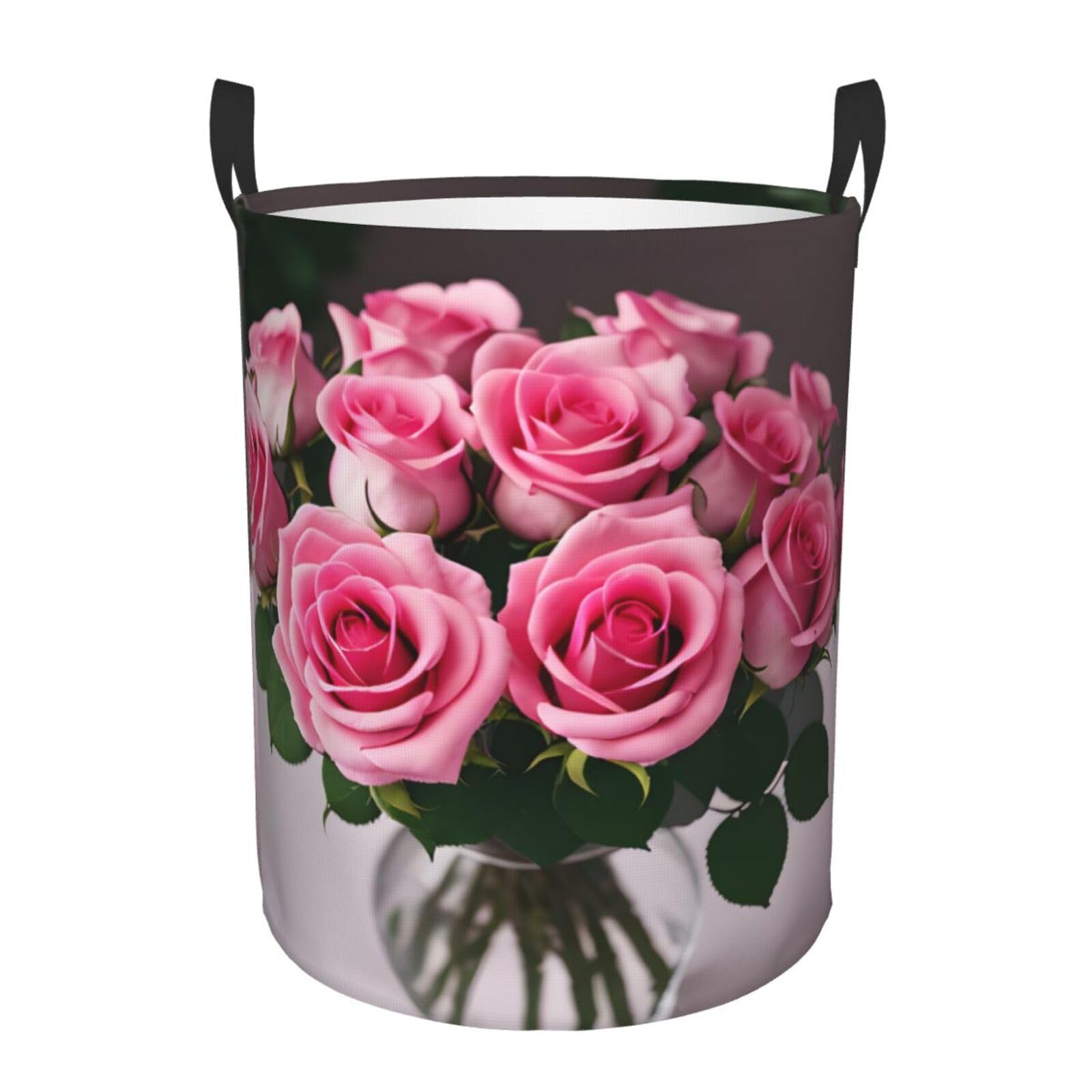 M Collapsible Laundry Hamper Round Pink Roses Print Storage