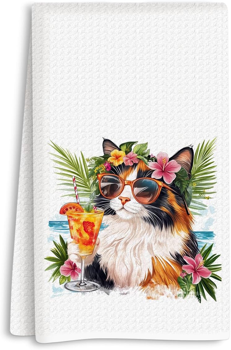 Summer Cat Kitchen Towels, Calico Cat Kitchen Towels, Calico Cats Gifts, Gifts for Cats Lovers, Funny Summer Vacation Hand Towel for Holiday Home Bar Bathroom Decor 14x24 Inch
